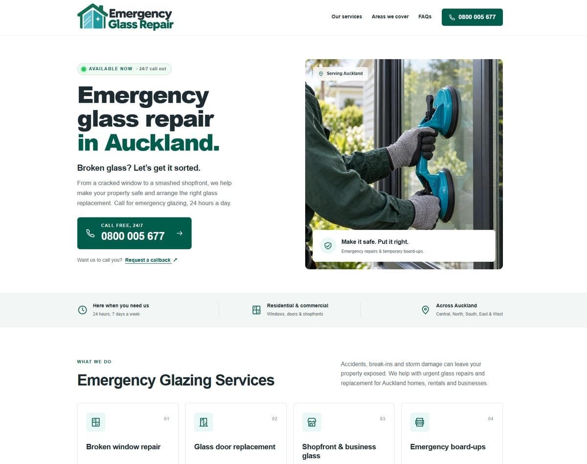 Emergency Glass Repair homepage with an ‘Emergency glass repair in Auckland’ headline, a free 0800 call button and a glazier fitting a window