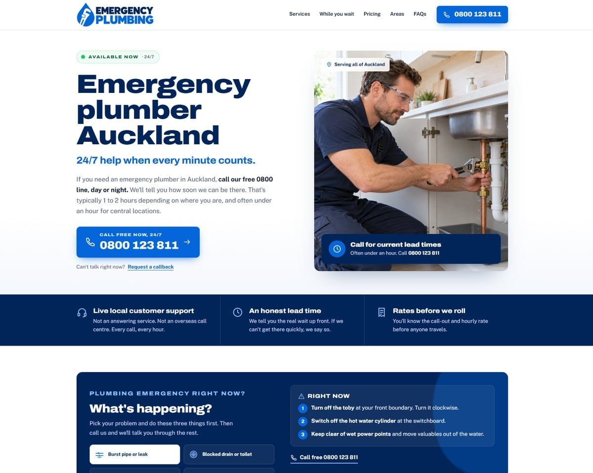 Emergency Plumbing homepage with an ‘Emergency plumber Auckland’ headline, a free 0800 call button and a plumber fixing pipes under a sink
